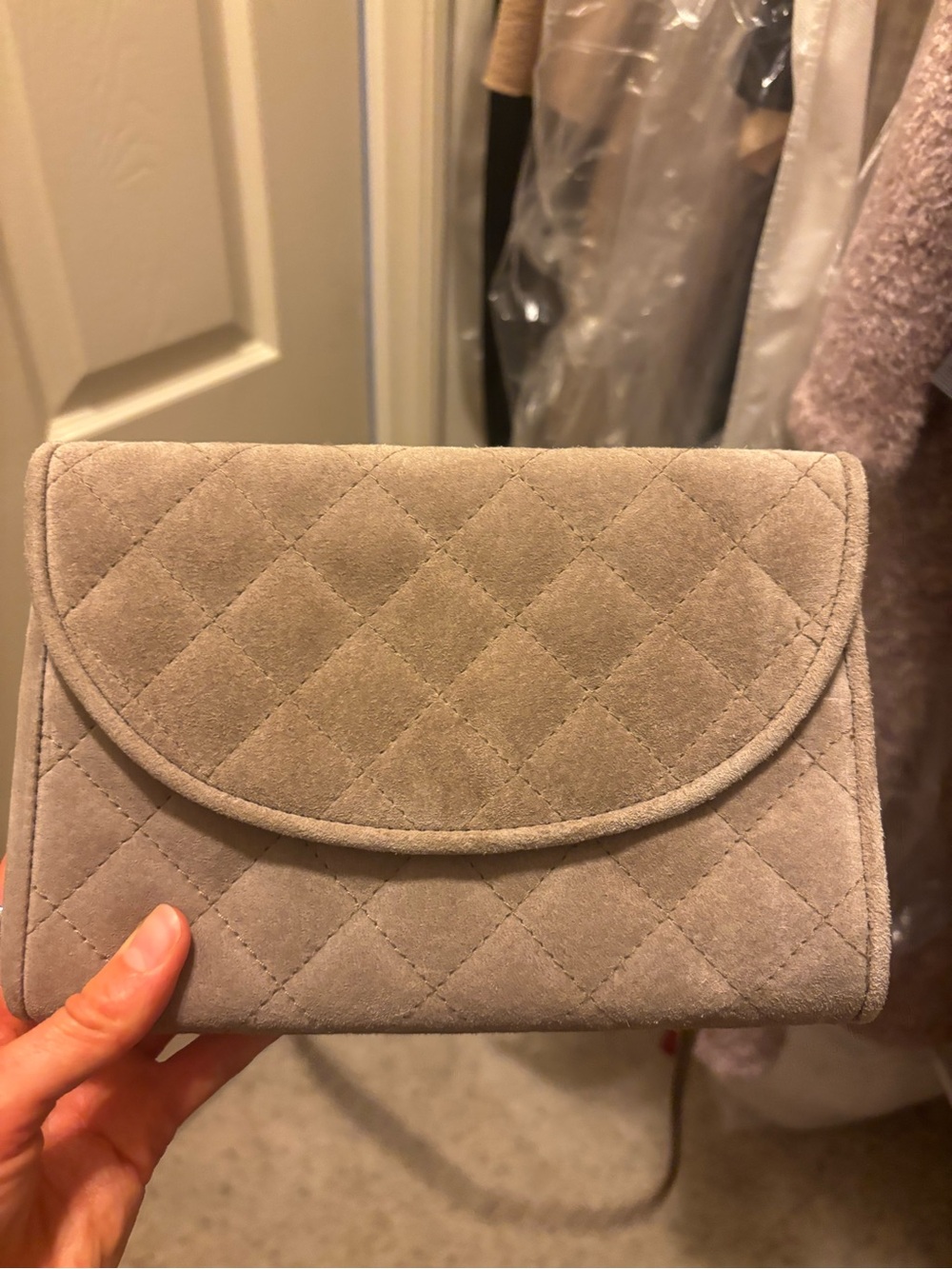 Jennifer Moore Quilted Suede Clutch in Taupe